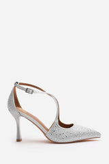 Urania Silver Embellished Crossover Strap Heeled Court shoe