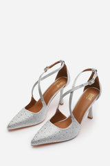 Urania Silver Embellished Crossover Strap Heeled Court shoe
