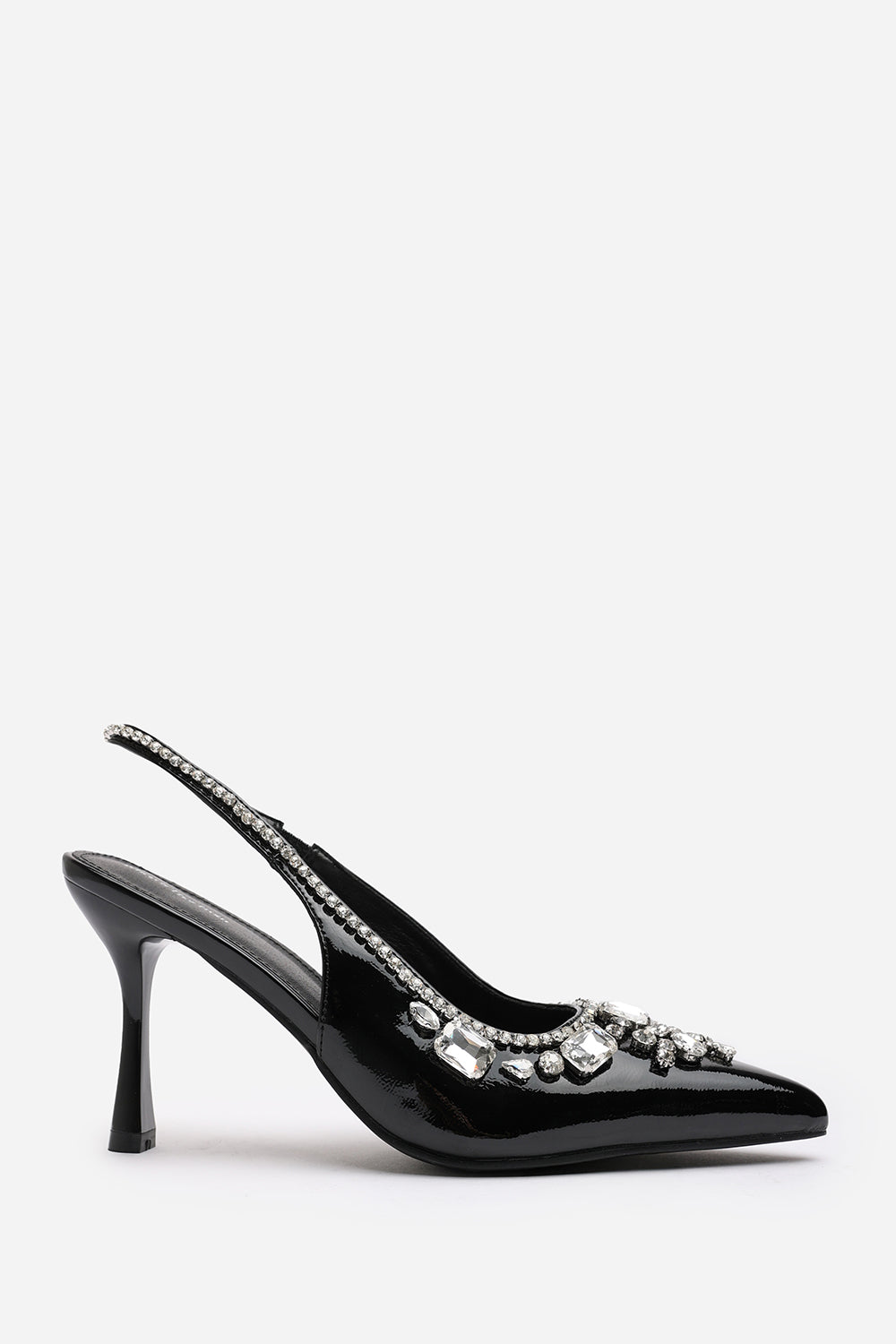 Delphine Black Patent Slingback Mid Heel with Diamante Front Embellishment