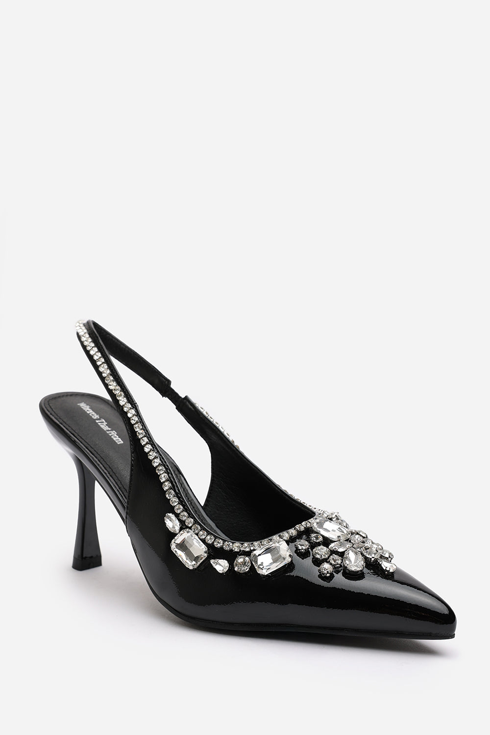 Delphine Black Patent Slingback Mid Heel with Diamante Front Embellishment