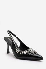 Delphine Black Patent Slingback Mid Heel with Diamante Front Embellishment