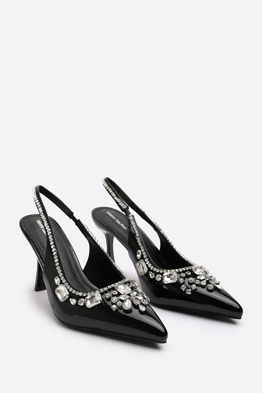 Delphine Black Patent Slingback Mid Heel with Diamante Front Embellishment