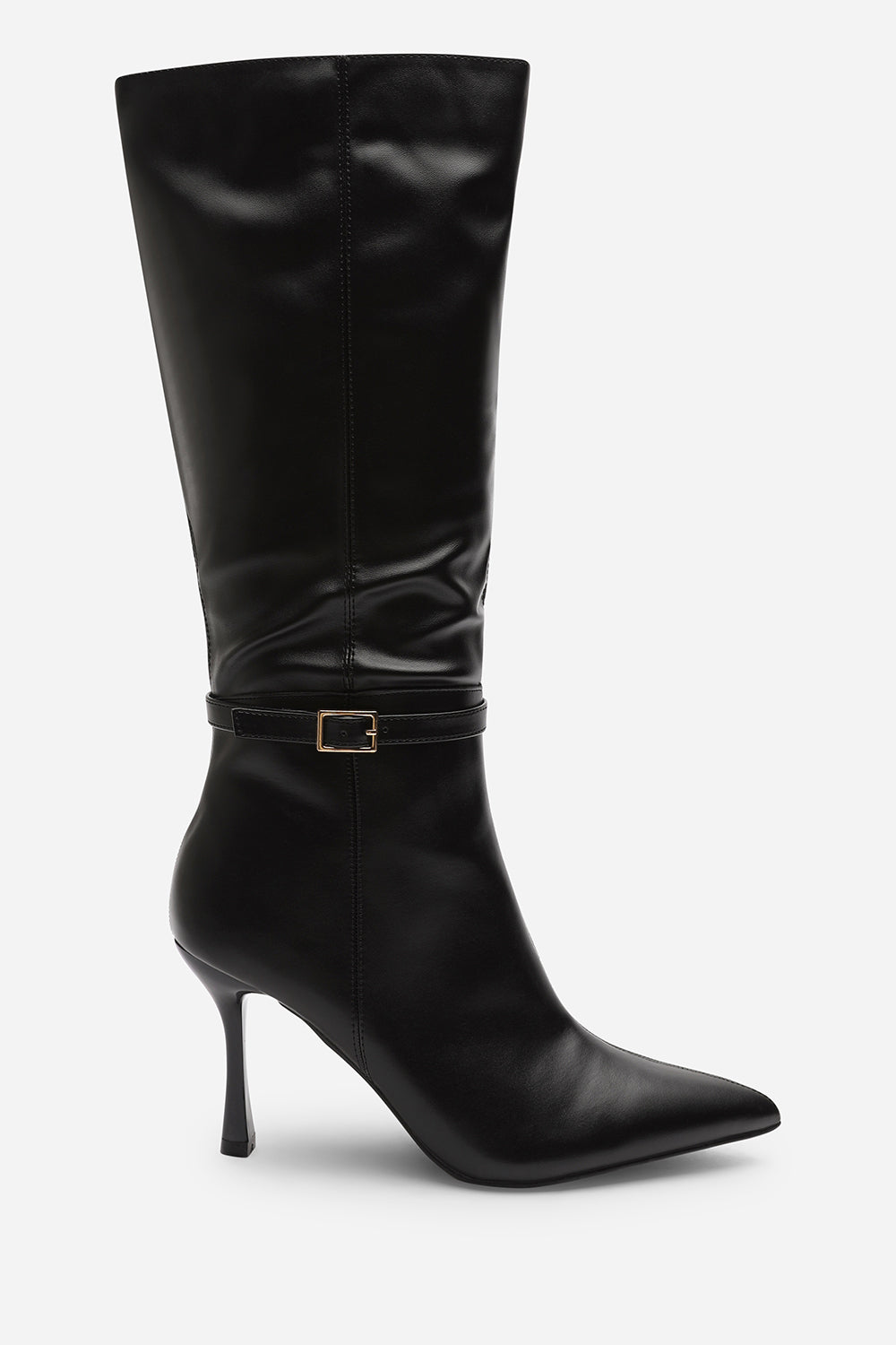 Fiorella Black Pointed Toe Knee High Stiletto Heel Boots With Side Buckle Detail