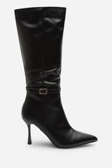 Fiorella Black Pointed Toe Knee High Stiletto Heel Boots With Side Buckle Detail
