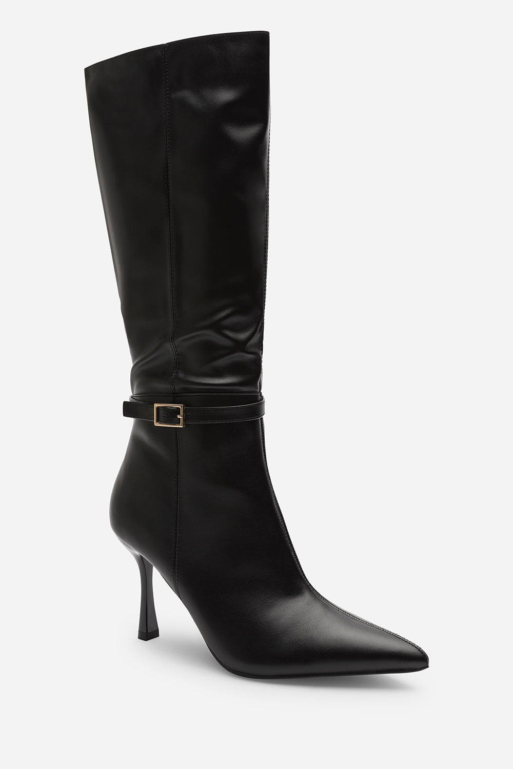 Fiorella Black Pointed Toe Knee High Stiletto Heel Boots With Side Buckle Detail