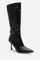 Fiorella Black Pointed Toe Knee High Stiletto Heel Boots With Side Buckle Detail