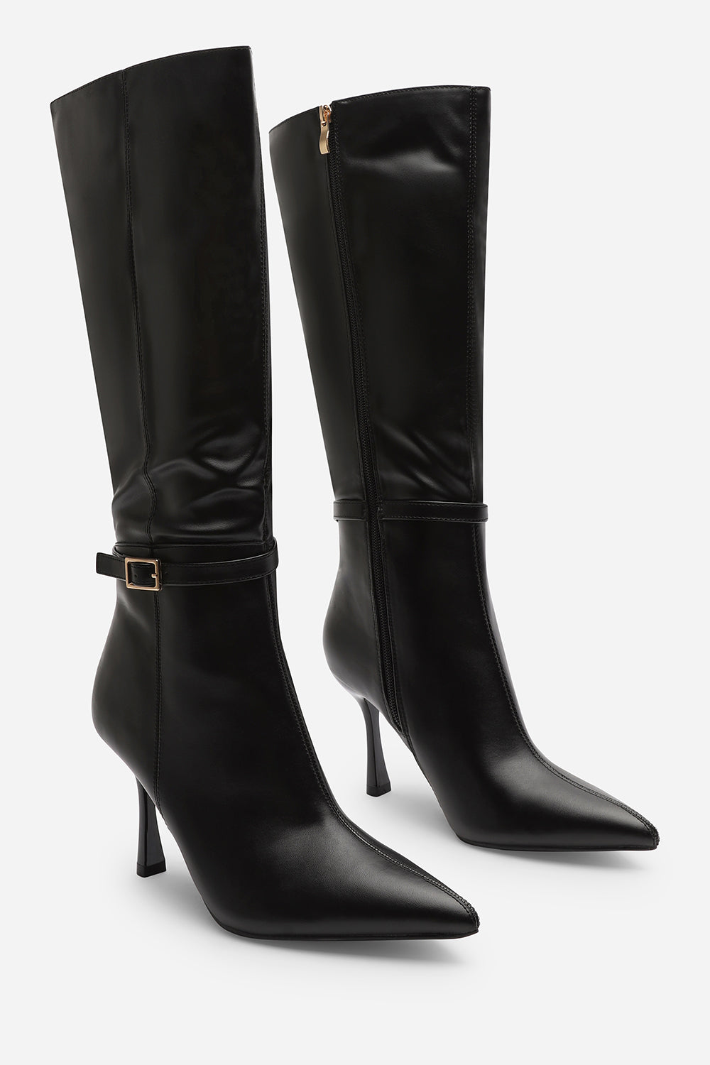 Fiorella Black Pointed Toe Knee High Stiletto Heel Boots With Side Buckle Detail
