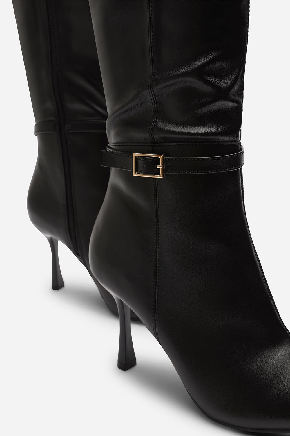 Fiorella Black Pointed Toe Knee High Stiletto Heel Boots With Side Buckle Detail