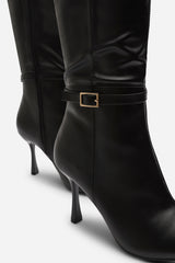Fiorella Black Pointed Toe Knee High Stiletto Heel Boots With Side Buckle Detail