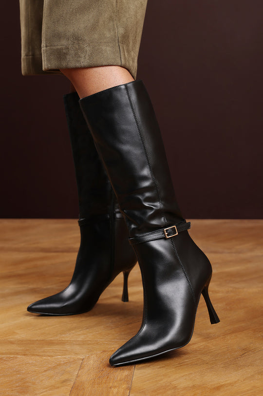 Fiorella Black Pointed Toe Knee High Stiletto Heel Boots With Side Buckle Detail