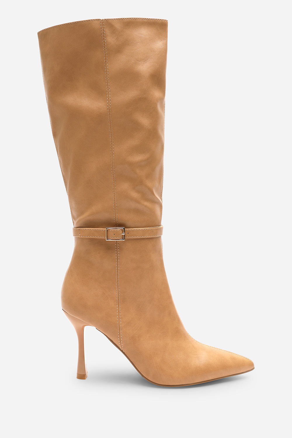 Fiorella Camel Pointed Toe Knee High Stiletto Heel Boots With Side Buckle Detail
