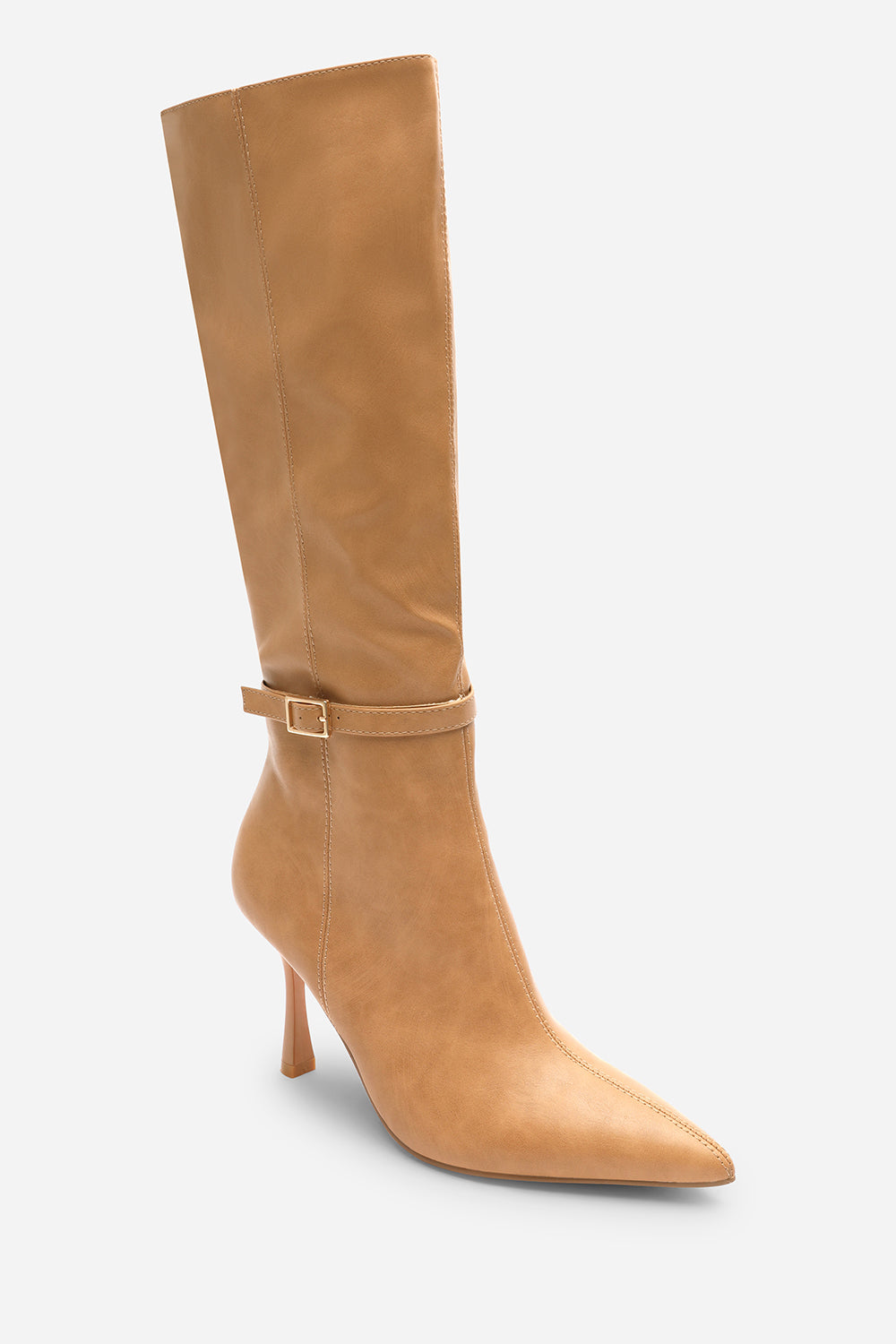 Fiorella Camel Pointed Toe Knee High Stiletto Heel Boots With Side Buckle Detail