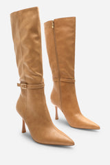Fiorella Camel Pointed Toe Knee High Stiletto Heel Boots With Side Buckle Detail