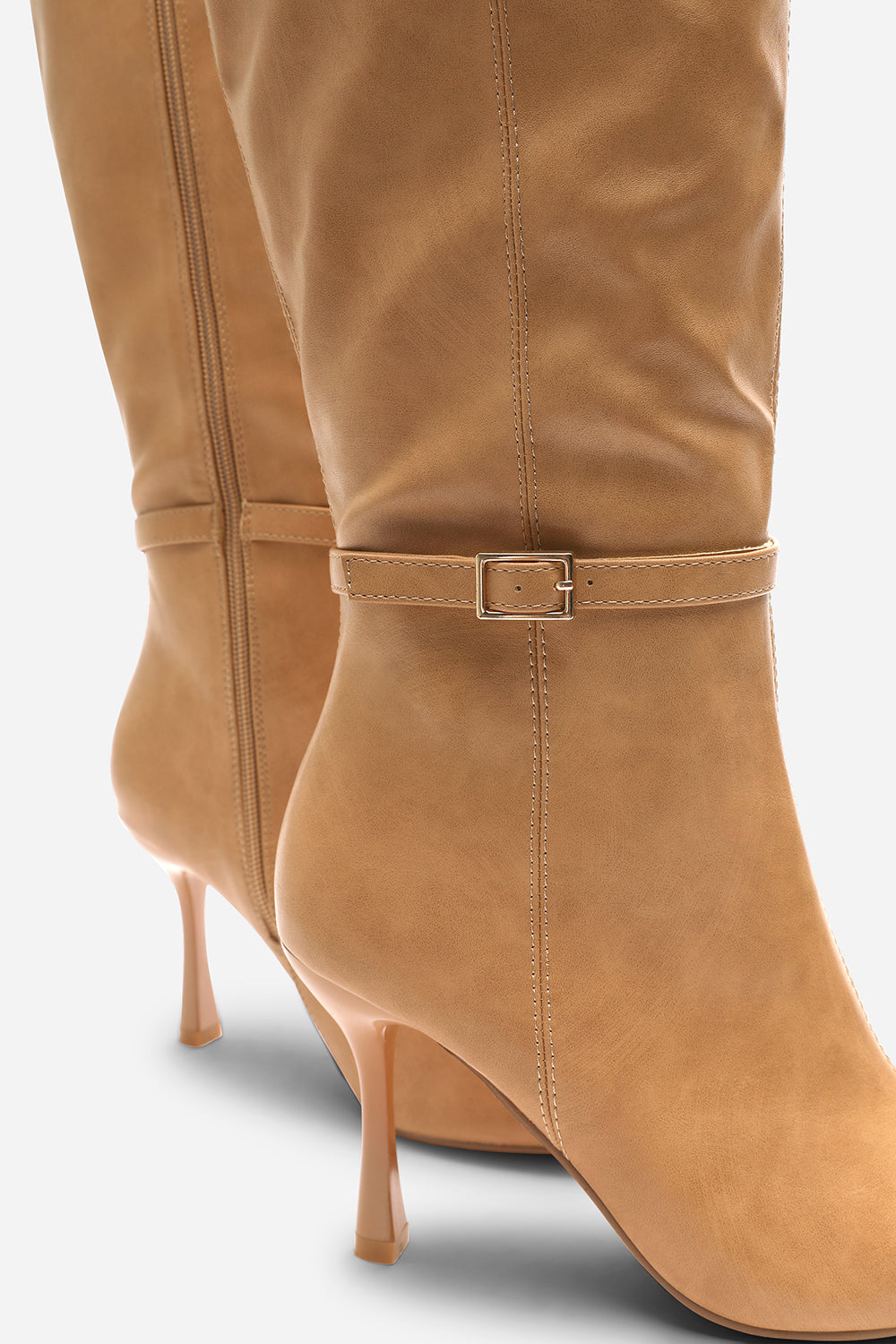 Fiorella Camel Pointed Toe Knee High Stiletto Heel Boots With Side Buckle Detail