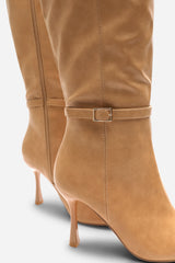 Fiorella Camel Pointed Toe Knee High Stiletto Heel Boots With Side Buckle Detail