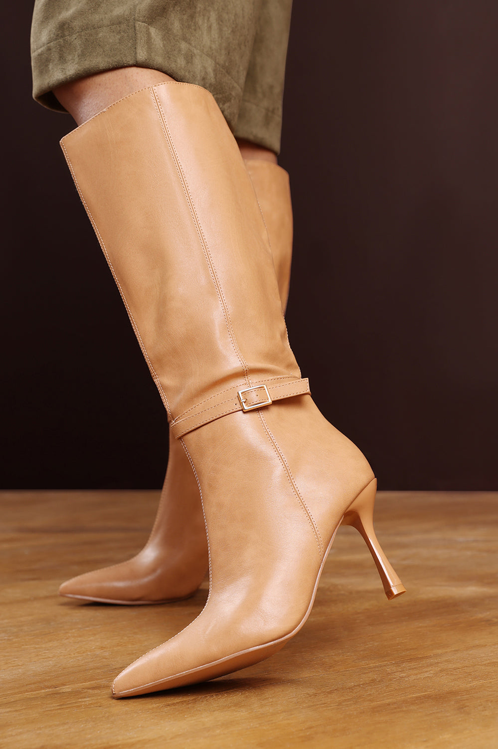 Fiorella Camel Pointed Toe Knee High Stiletto Heel Boots With Side Buckle Detail