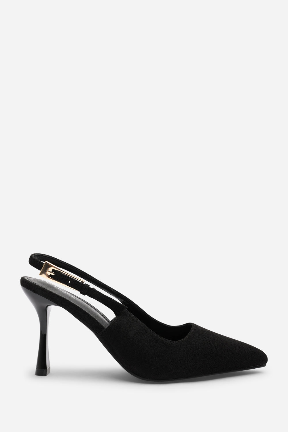 Tasha Black Suede Pointed Toe Sling Back Mid Heel with Buckle Strap