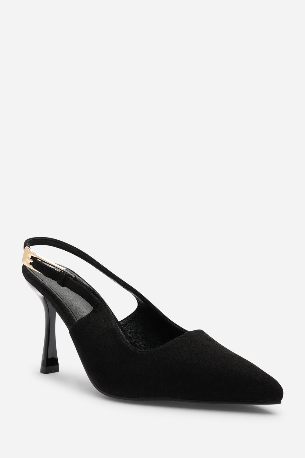 Tasha Black Suede Pointed Toe Sling Back Mid Heel with Buckle Strap