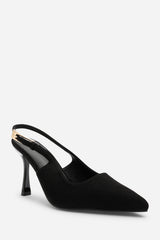 Tasha Black Suede Pointed Toe Sling Back Mid Heel with Buckle Strap
