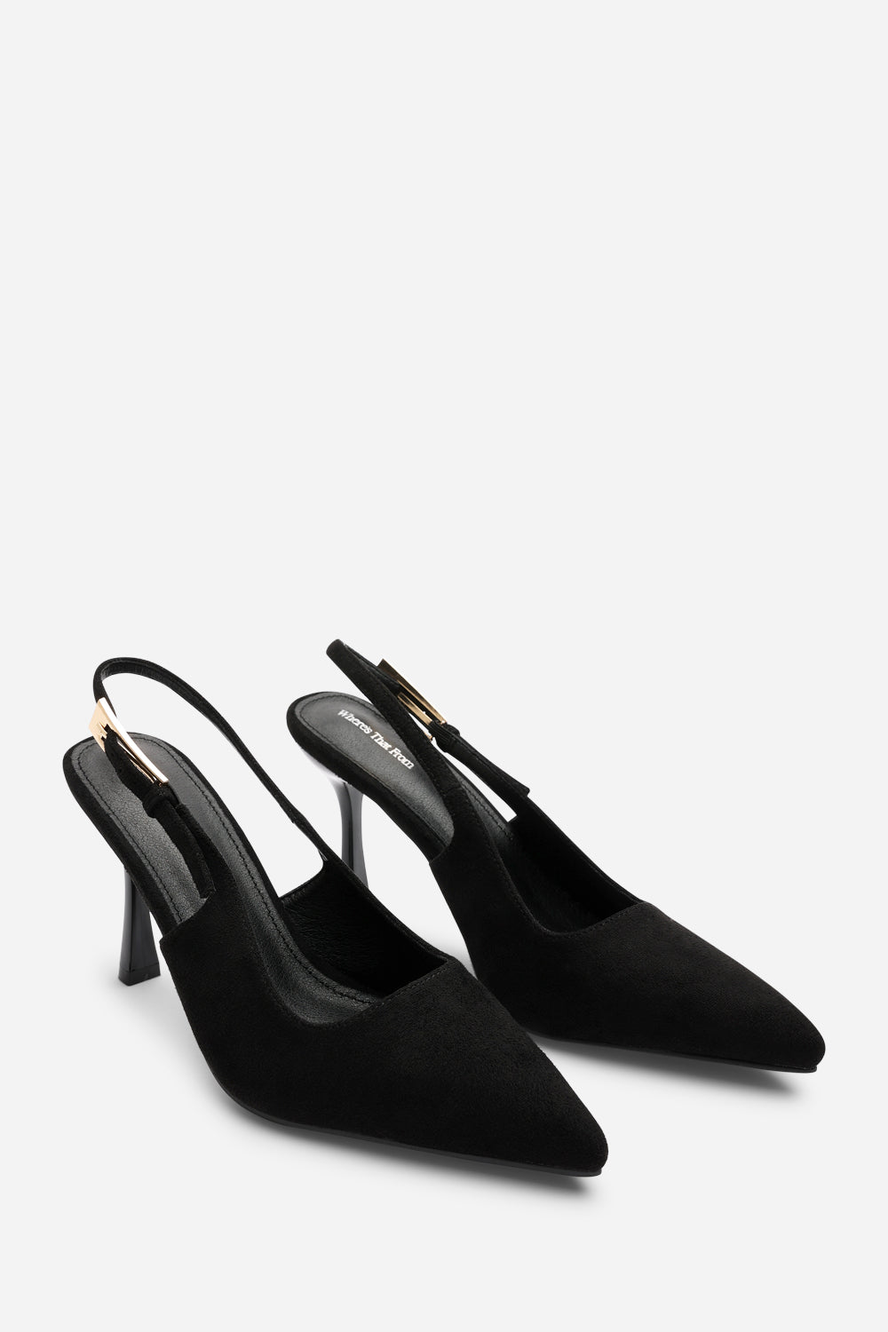 Tasha Black Suede Pointed Toe Sling Back Mid Heel with Buckle Strap