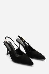 Tasha Black Suede Pointed Toe Sling Back Mid Heel with Buckle Strap