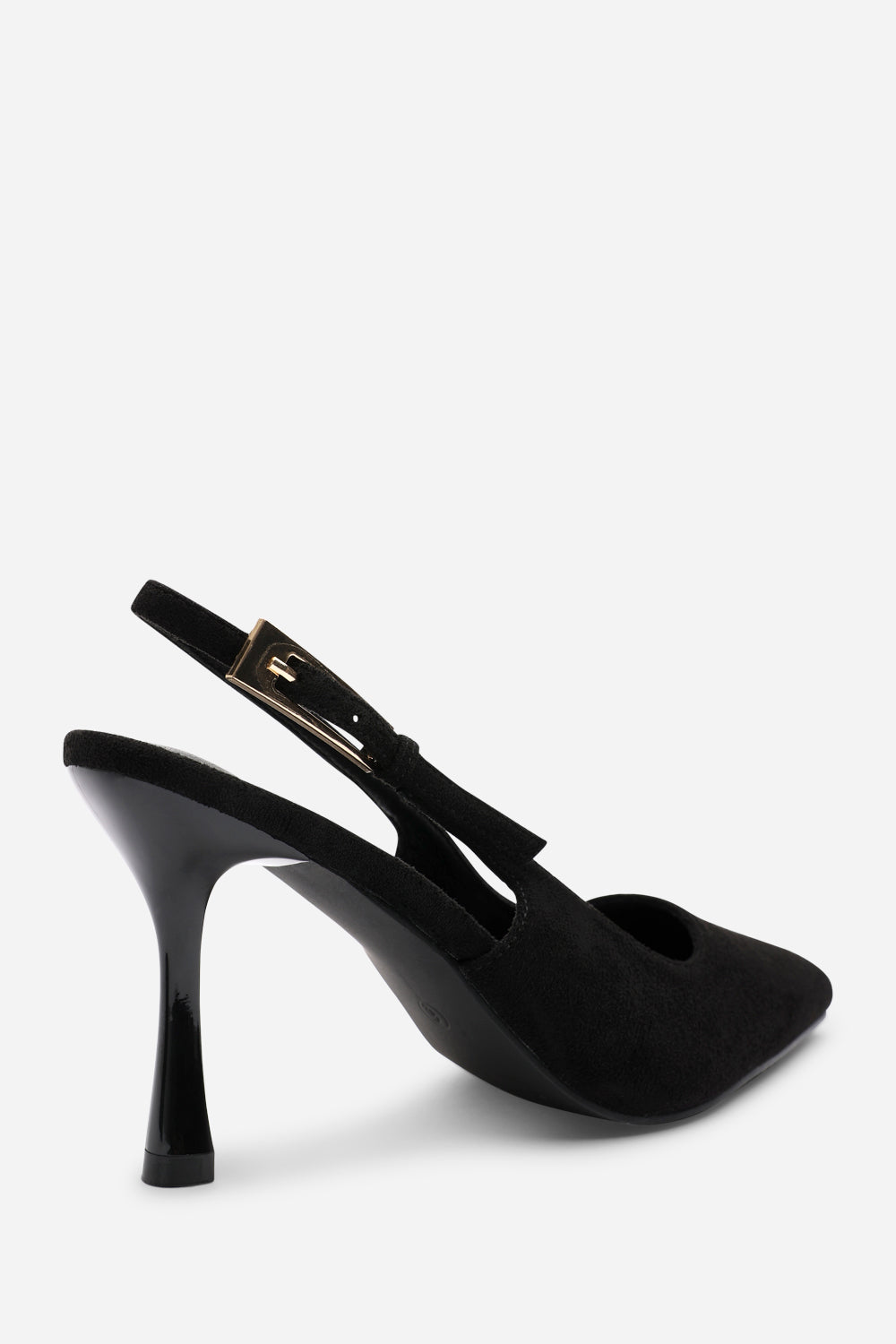 Tasha Black Suede Pointed Toe Sling Back Mid Heel with Buckle Strap
