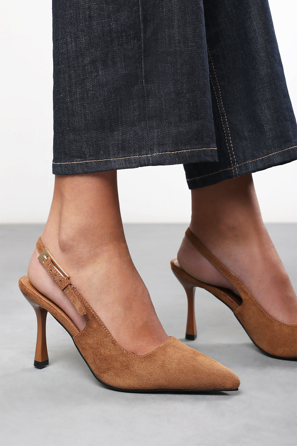Tasha Cognac Suede Pointed Toe Sling Back Mid Heel with Buckle Strap