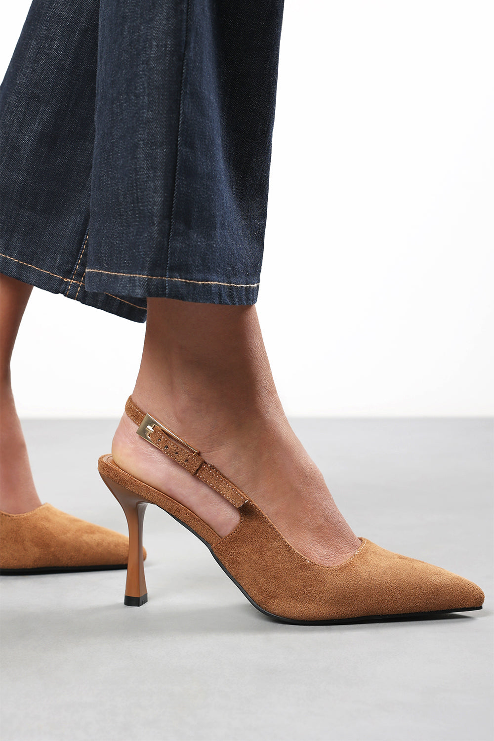 Tasha Cognac Suede Pointed Toe Sling Back Mid Heel with Buckle Strap