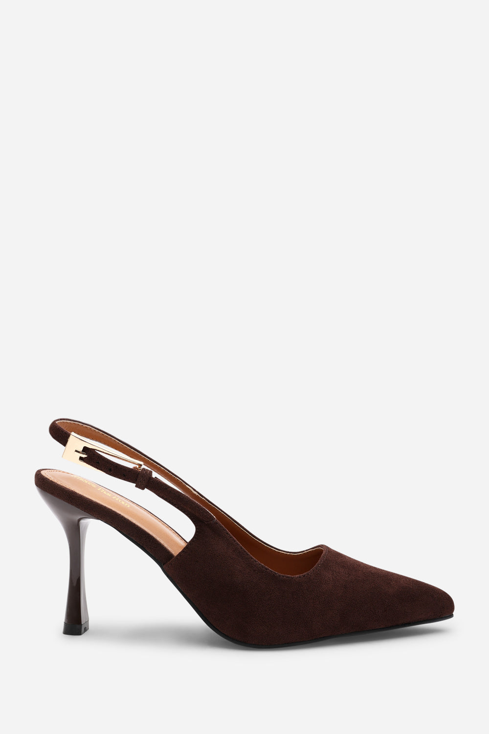 Tasha Brown Suede Pointed Toe Sling Back Mid Heel with Buckle Strap
