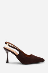 Tasha Brown Suede Pointed Toe Sling Back Mid Heel with Buckle Strap
