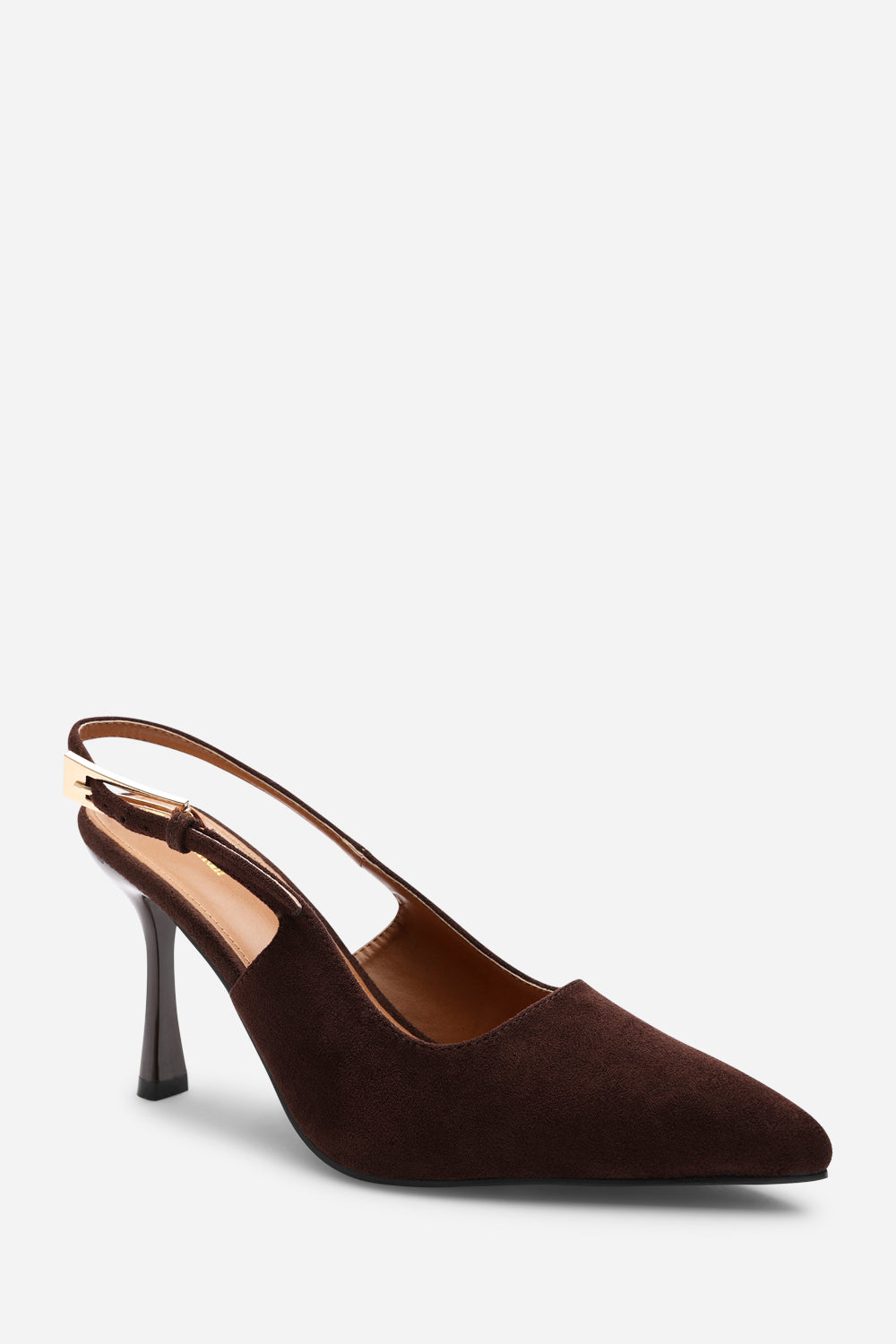 Tasha Brown Suede Pointed Toe Sling Back Mid Heel with Buckle Strap