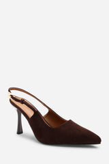 Tasha Brown Suede Pointed Toe Sling Back Mid Heel with Buckle Strap