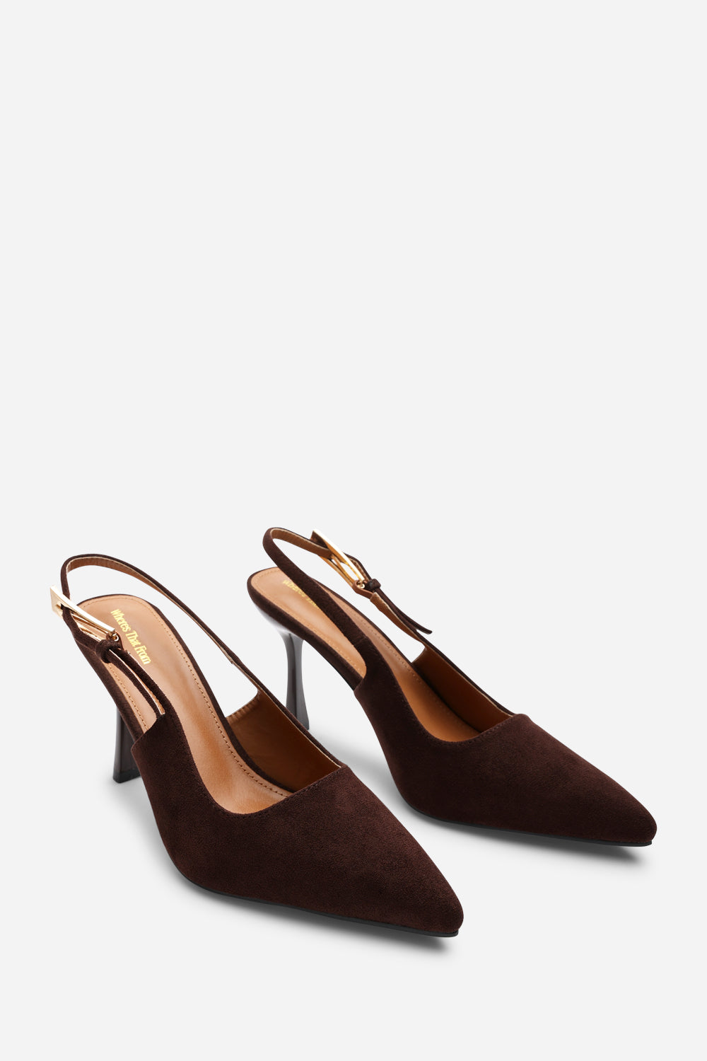 Tasha Brown Suede Pointed Toe Sling Back Mid Heel with Buckle Strap
