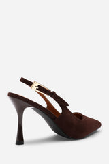 Tasha Brown Suede Pointed Toe Sling Back Mid Heel with Buckle Strap
