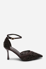 Denise Diamante Brown Mesh Pointed Toe With Buckle Strap Heels