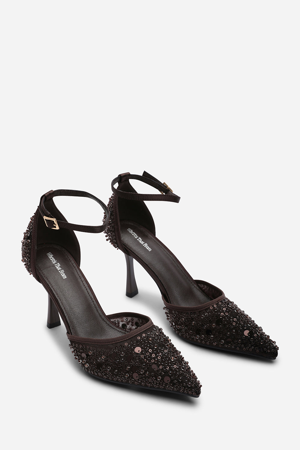 Denise Diamante Brown Mesh Pointed Toe With Buckle Strap Heels