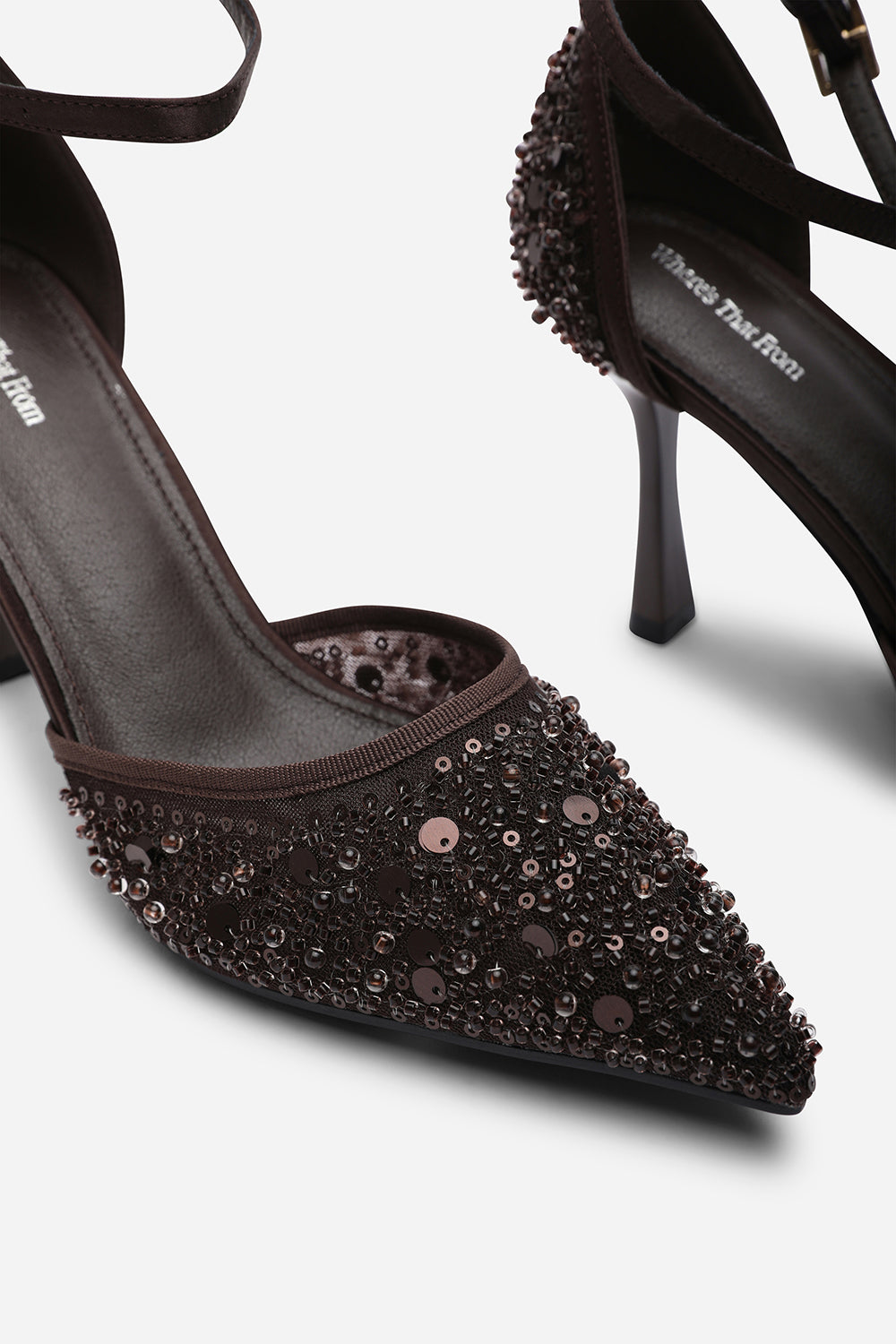 Denise Diamante Brown Mesh Pointed Toe With Buckle Strap Heels