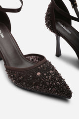 Denise Diamante Brown Mesh Pointed Toe With Buckle Strap Heels