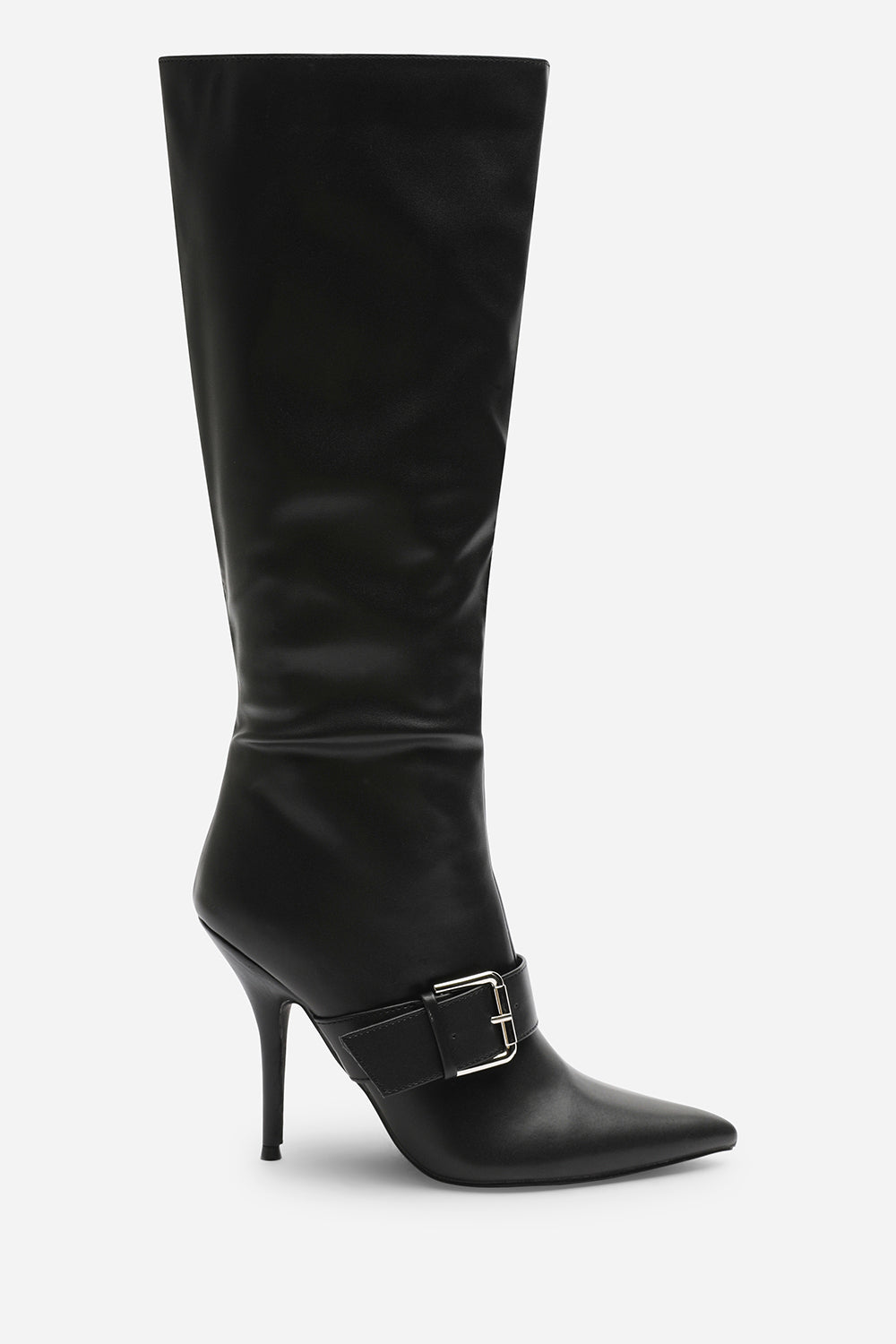 Giada Black Pointed Toe Knee High Stiletto Heel Boots with Front Buckle Detail