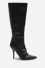 Giada Black Pointed Toe Knee High Stiletto Heel Boots with Front Buckle Detail