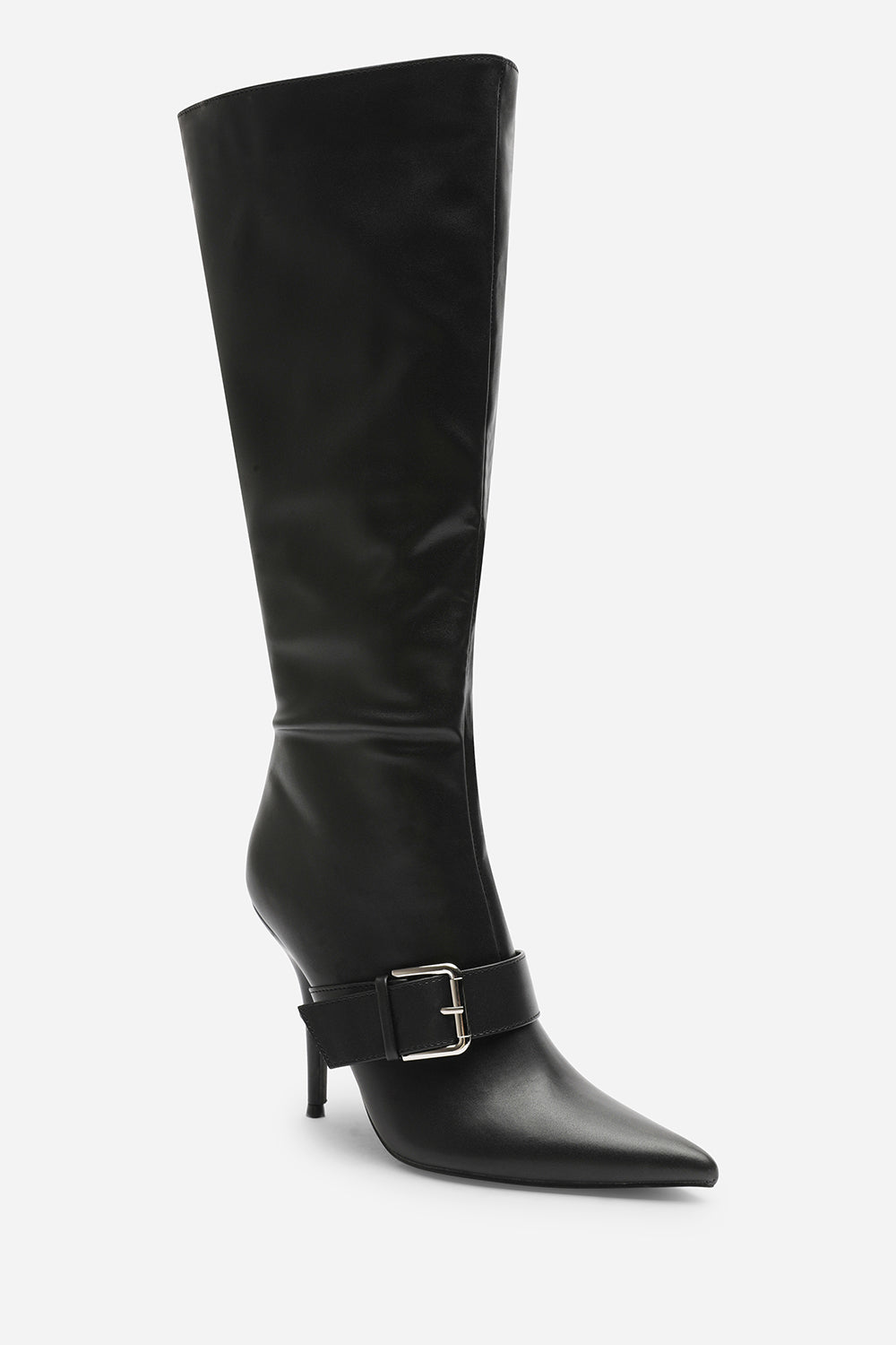 Giada Black Pointed Toe Knee High Stiletto Heel Boots with Front Buckle Detail