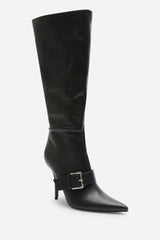 Giada Black Pointed Toe Knee High Stiletto Heel Boots with Front Buckle Detail