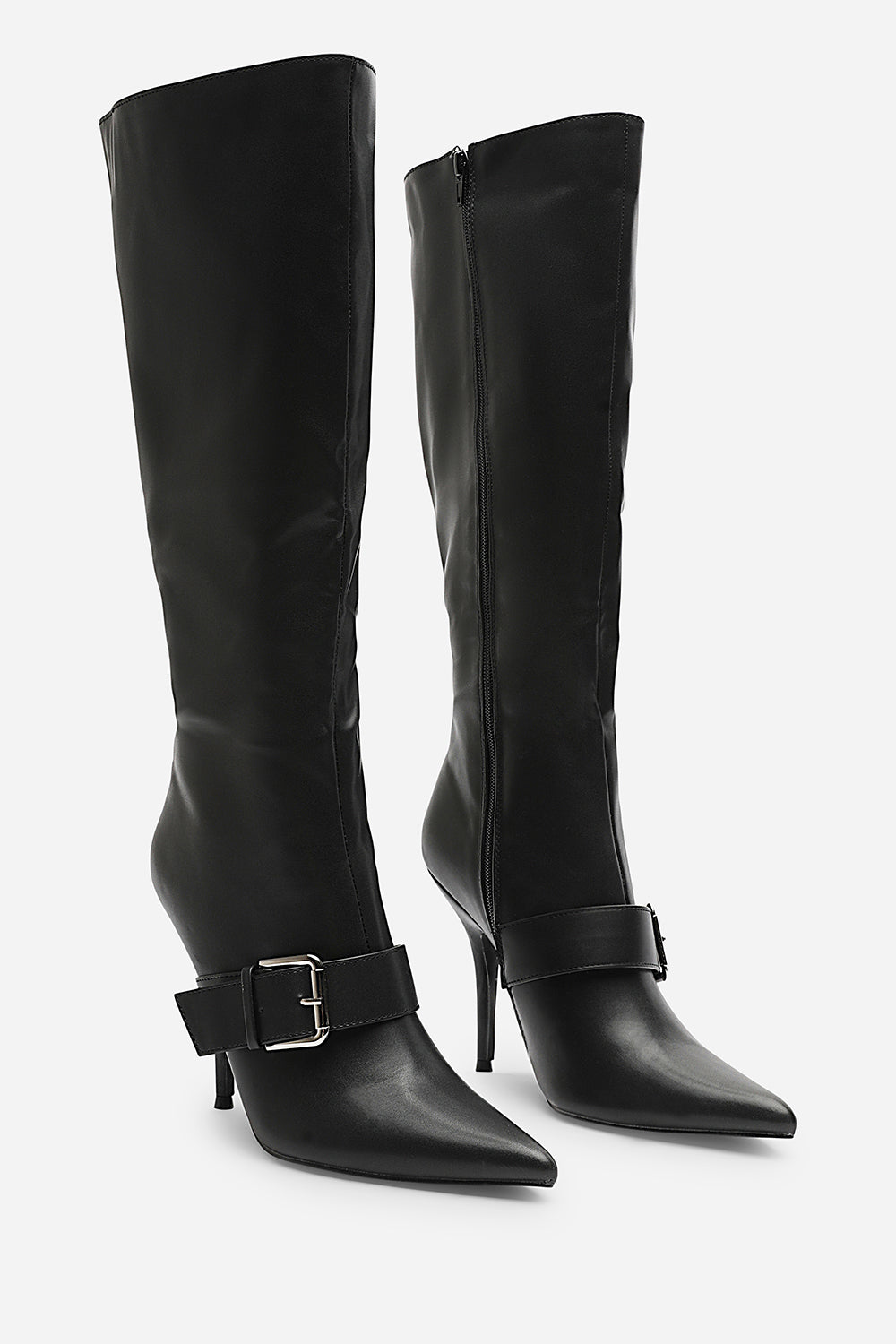 Giada Black Pointed Toe Knee High Stiletto Heel Boots with Front Buckle Detail
