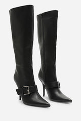 Giada Black Pointed Toe Knee High Stiletto Heel Boots with Front Buckle Detail