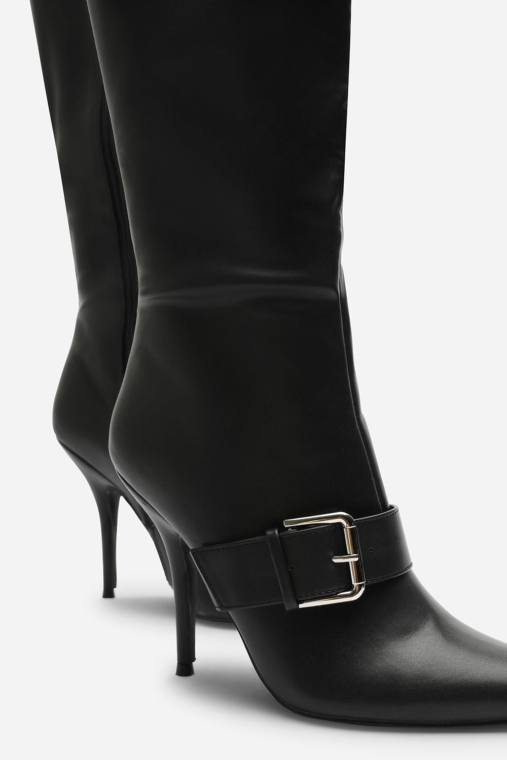 Giada Black Pointed Toe Knee High Stiletto Heel Boots with Front Buckle Detail