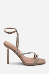 Betsy High Heels Sandals with Diamante detail & Square toe in Camel Suede