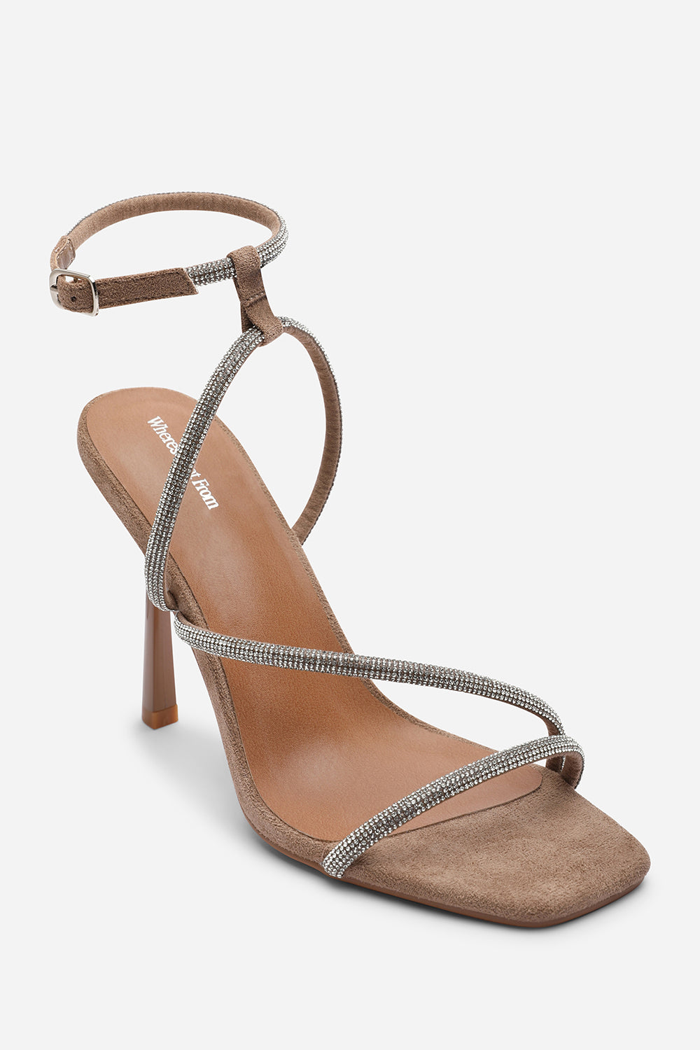 Betsy High Heels Sandals with Diamante detail & Square toe in Camel Suede