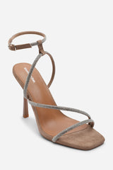 Betsy High Heels Sandals with Diamante detail & Square toe in Camel Suede