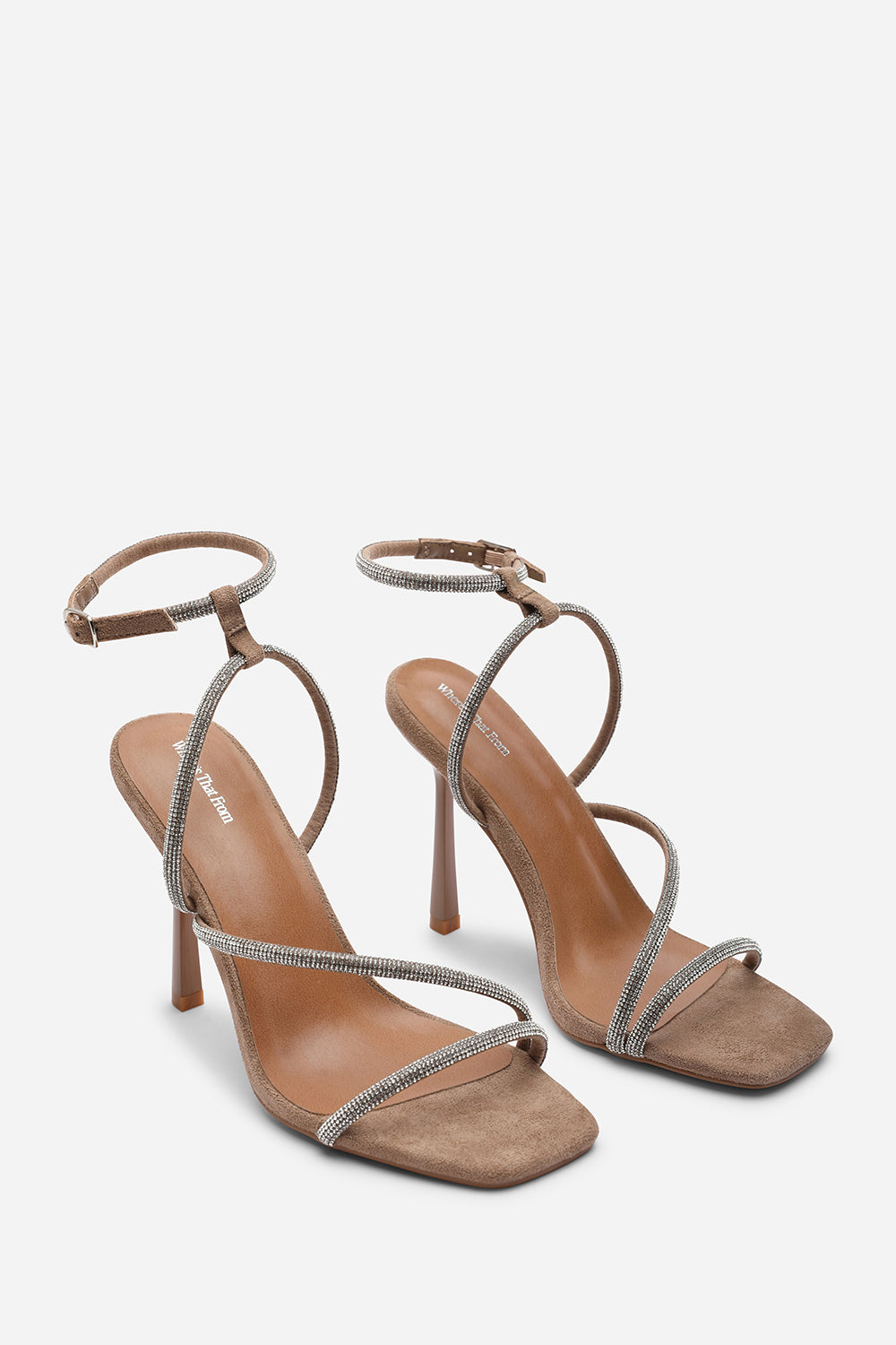 Betsy High Heels Sandals with Diamante detail & Square toe in Camel Suede