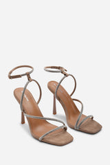 Betsy High Heels Sandals with Diamante detail & Square toe in Camel Suede